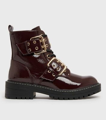 Dark Red Faux Croc Buckle Chunky Biker Boots New Look Vegan