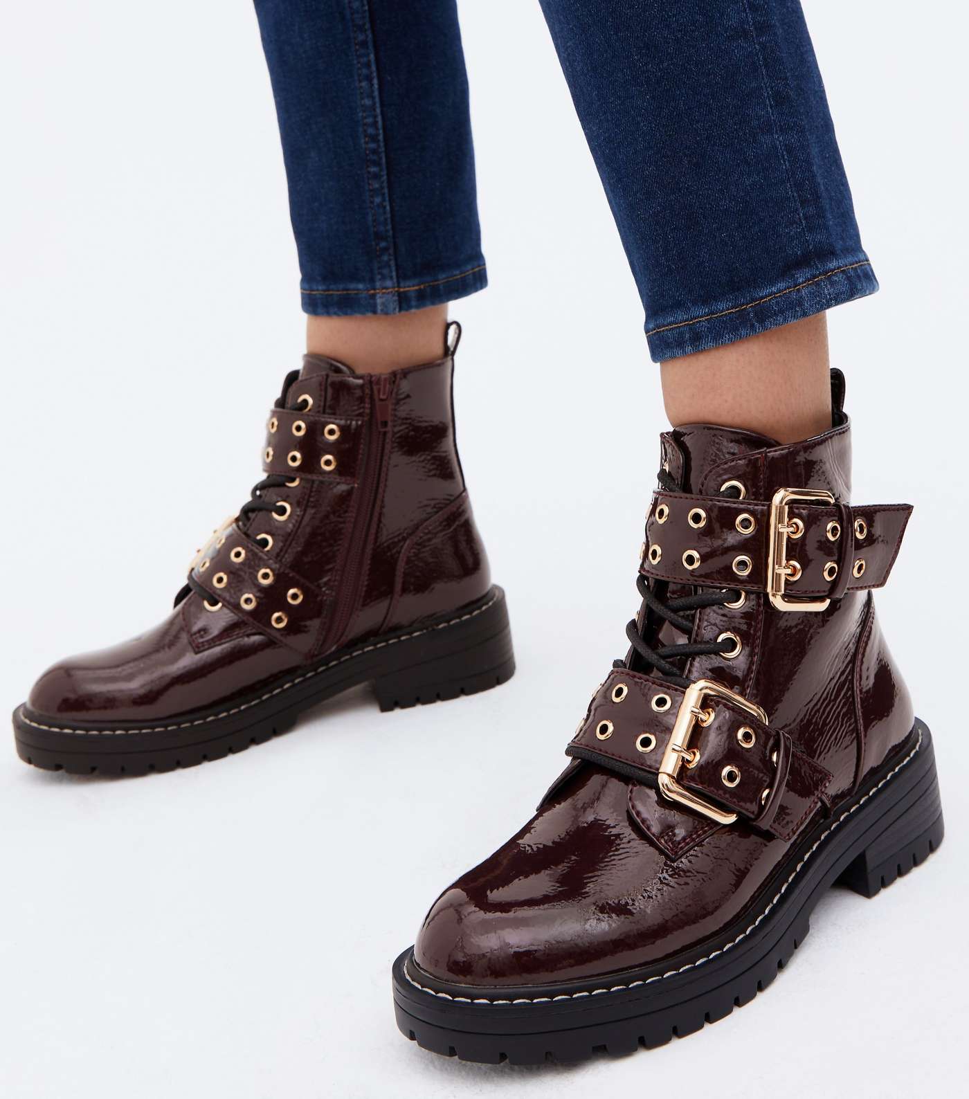 Dark Red Faux Croc Buckle Chunky Biker Boots Image 2