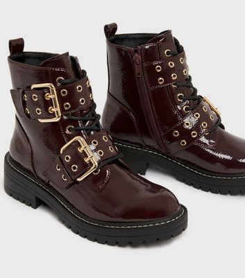 dark red patent faux croc chunky buckle boots