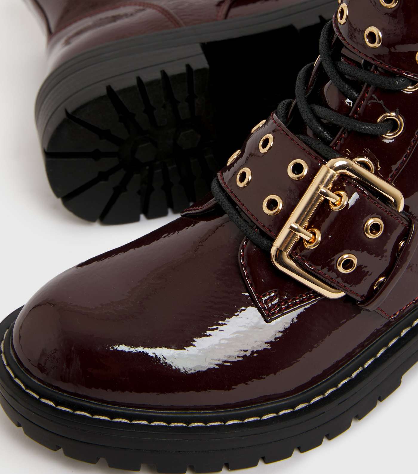 Dark Red Faux Croc Buckle Chunky Biker Boots Image 4