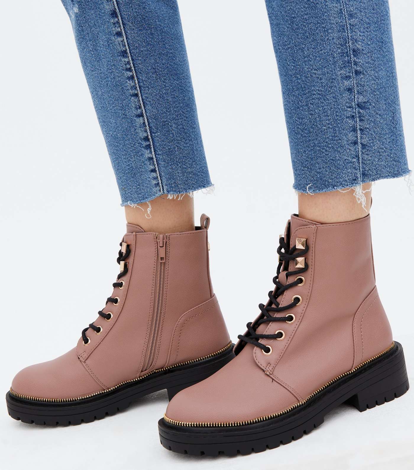 Pink Leather-Look Zip Trim Lace Up Chunky Boots Image 2