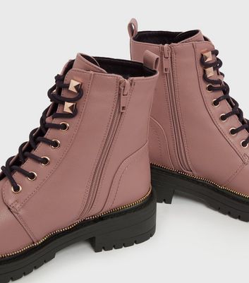 Pink Leather Look Zip Trim Lace Up Chunky Boots New Look