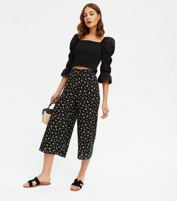 Black Ditsy Floral Wide Leg Crop 