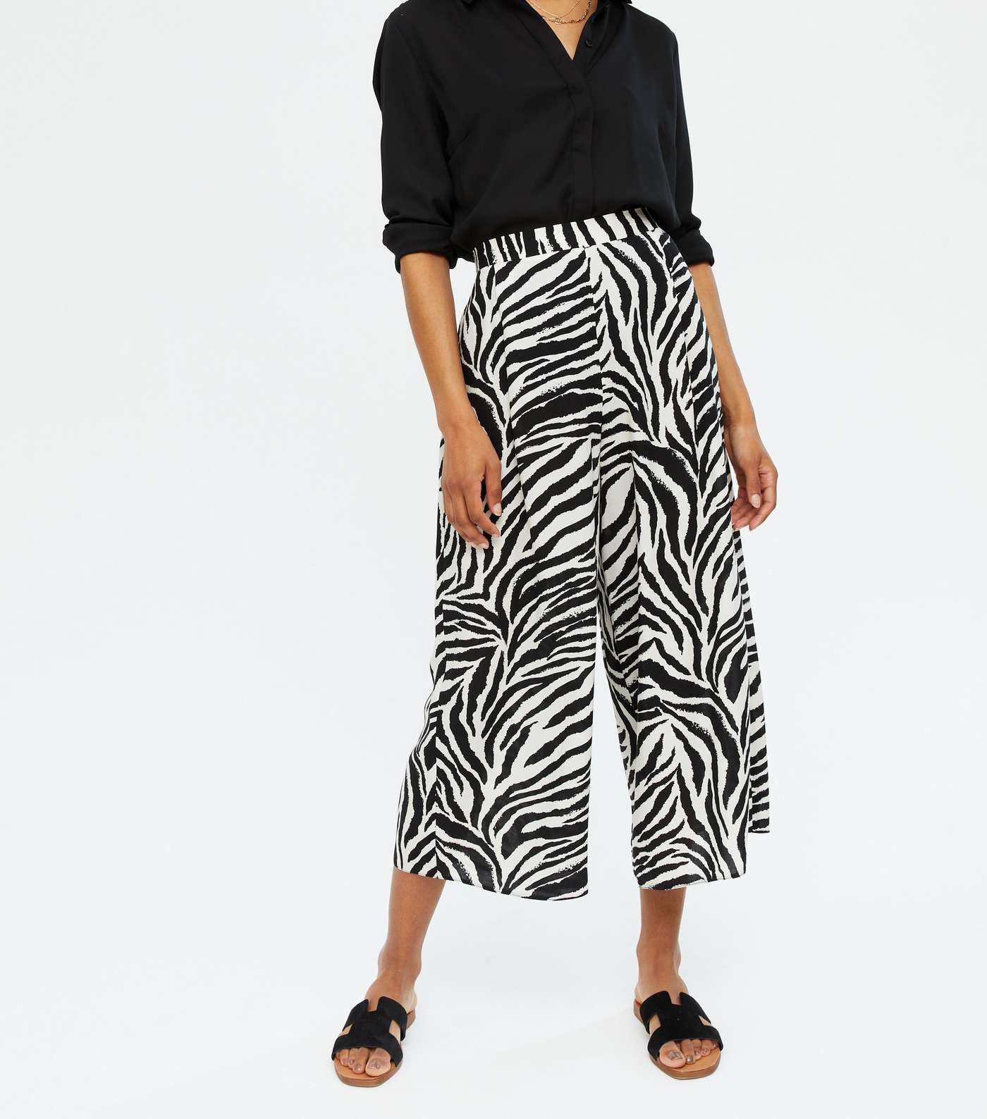 White Zebra Print Wide Leg Crop Trousers Image 2
