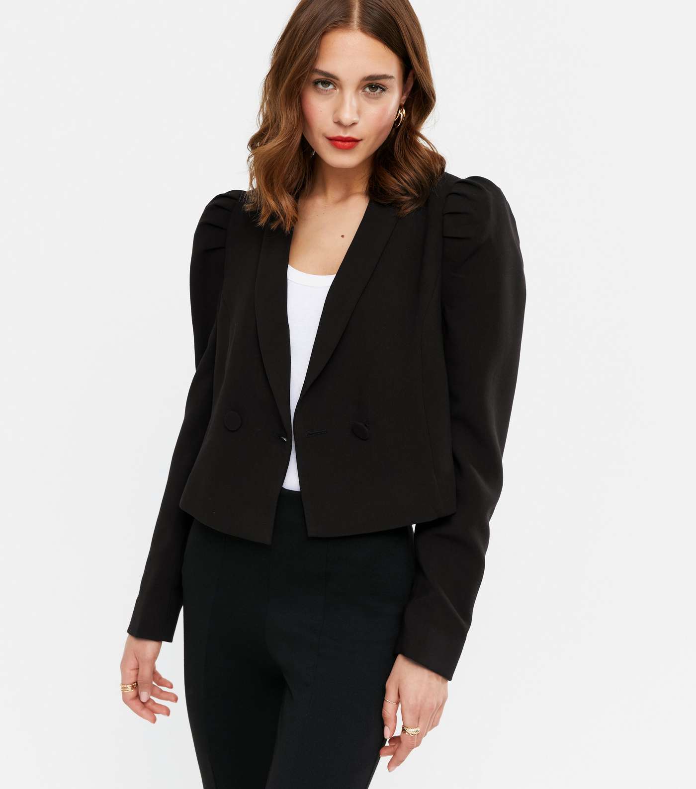 Black Puff Sleeve Double Breasted Crop Blazer