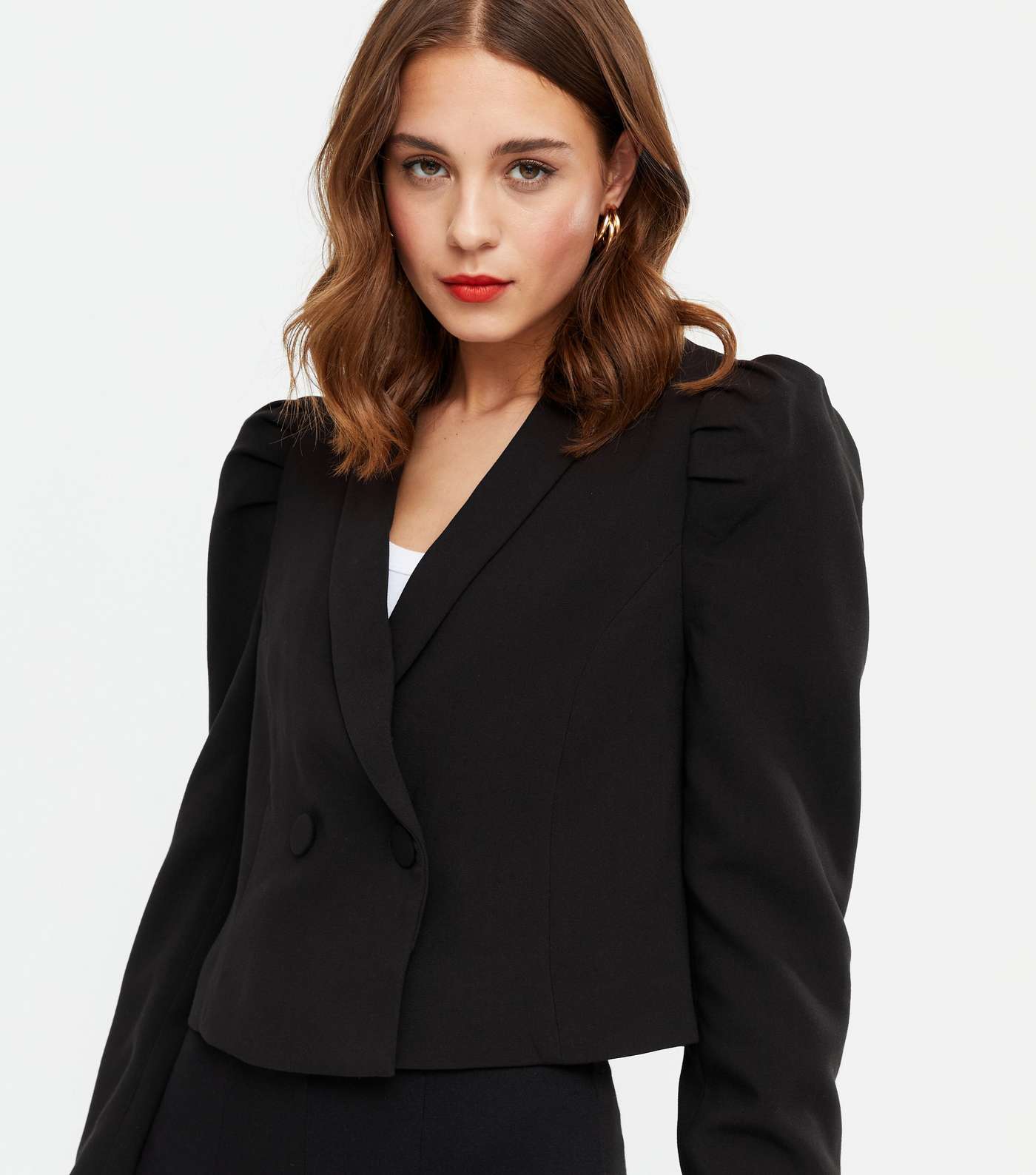 Black Puff Sleeve Double Breasted Crop Blazer Image 3