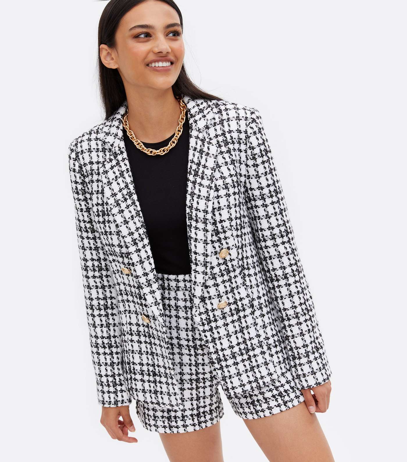 White Check Bouclé Double Breasted Collared Blazer