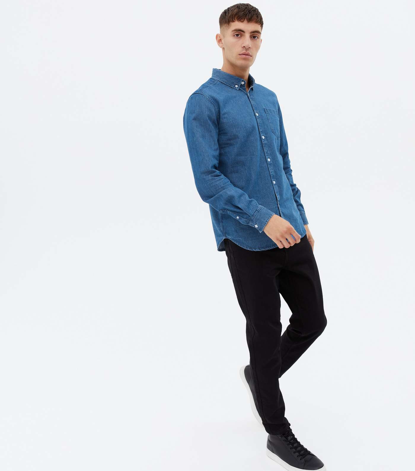 Blue Denim Pocket Front Long Sleeve Shirt Image 2