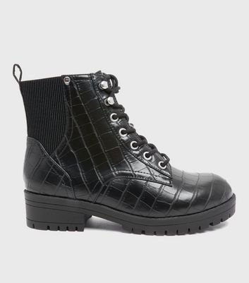 shop for Extra Wide Fit Black Faux Croc Lace Up Chunky Boots New Look Vegan at Shopo