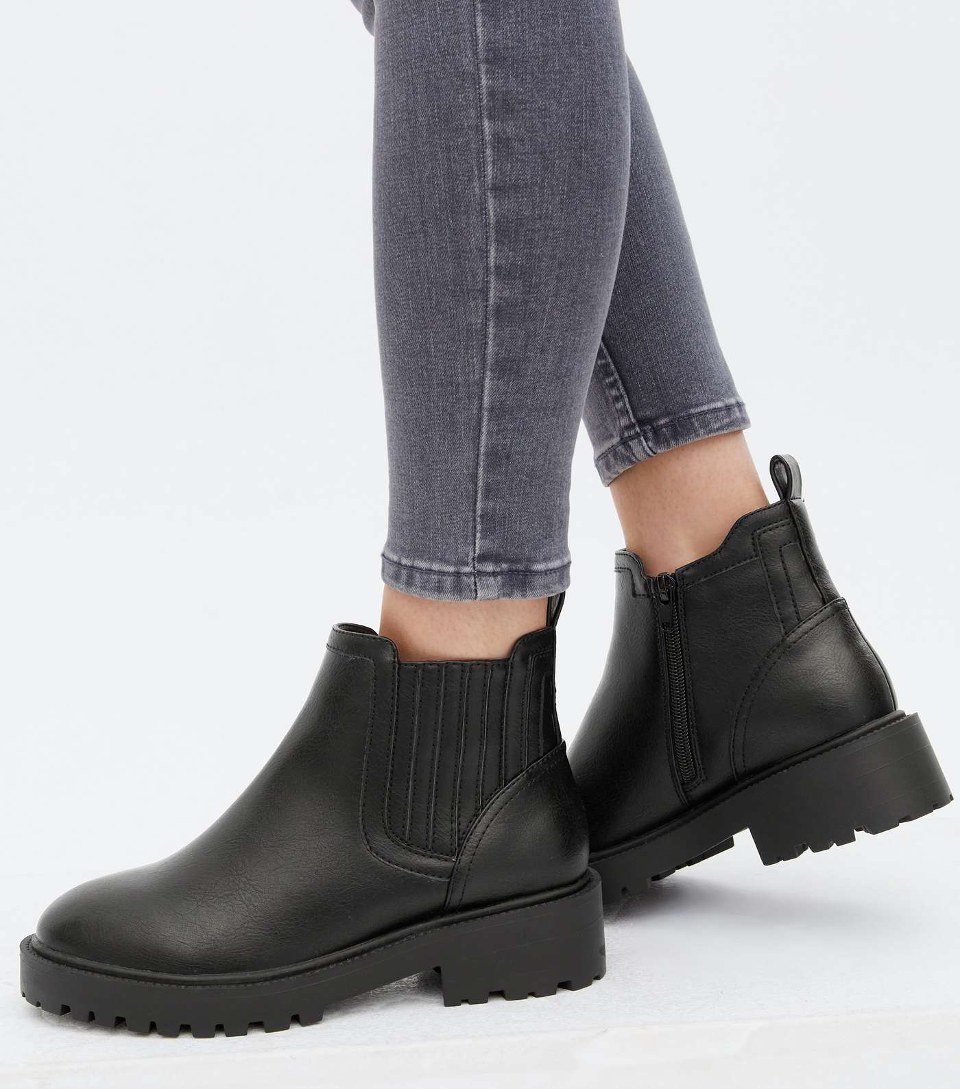 Extra Wide Fit Black Leather-Look Chunky Ankle Boots Image 2
