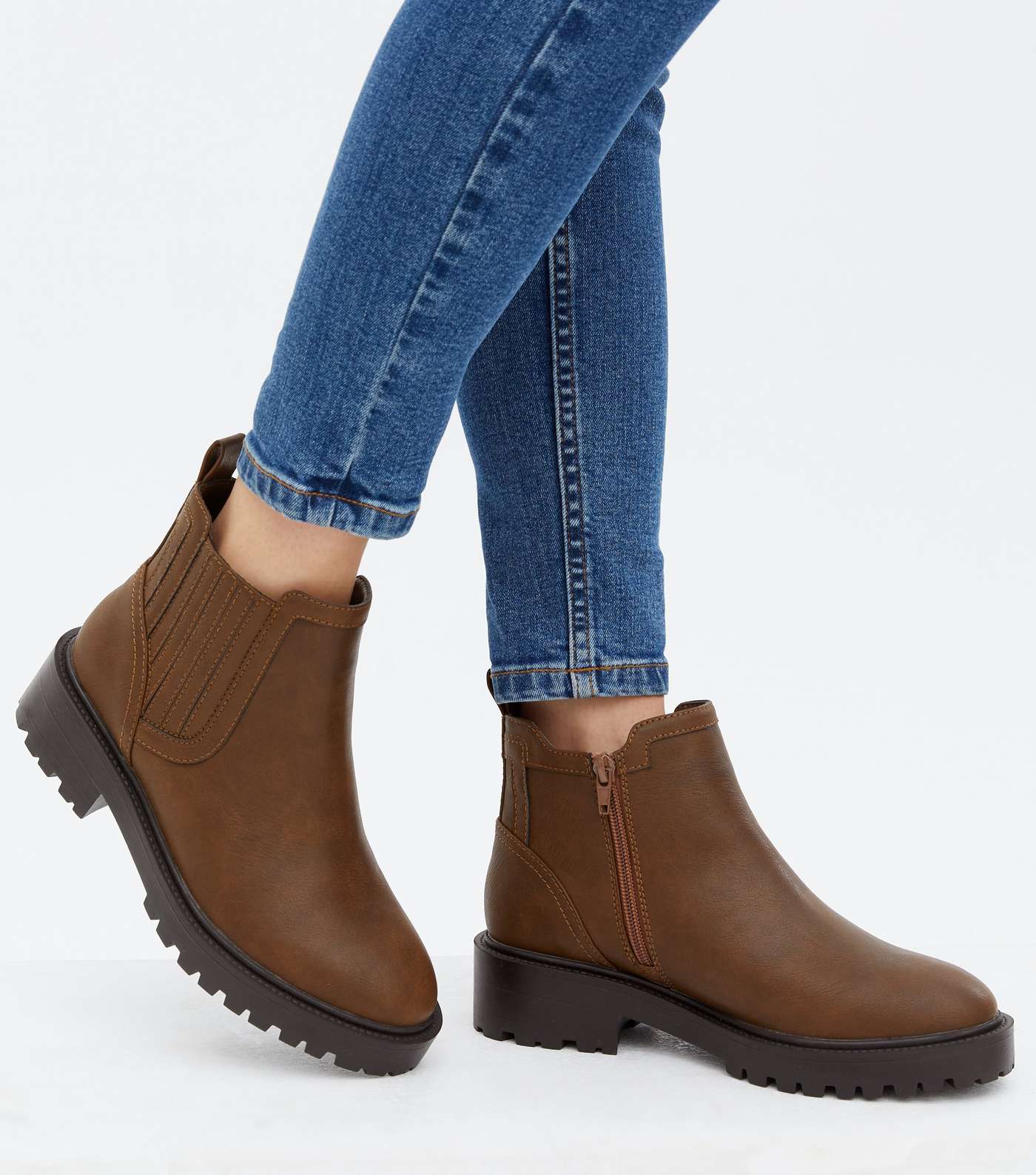 Extra Wide Fit Rust Leather-Look Chunky Ankle Boots Image 2