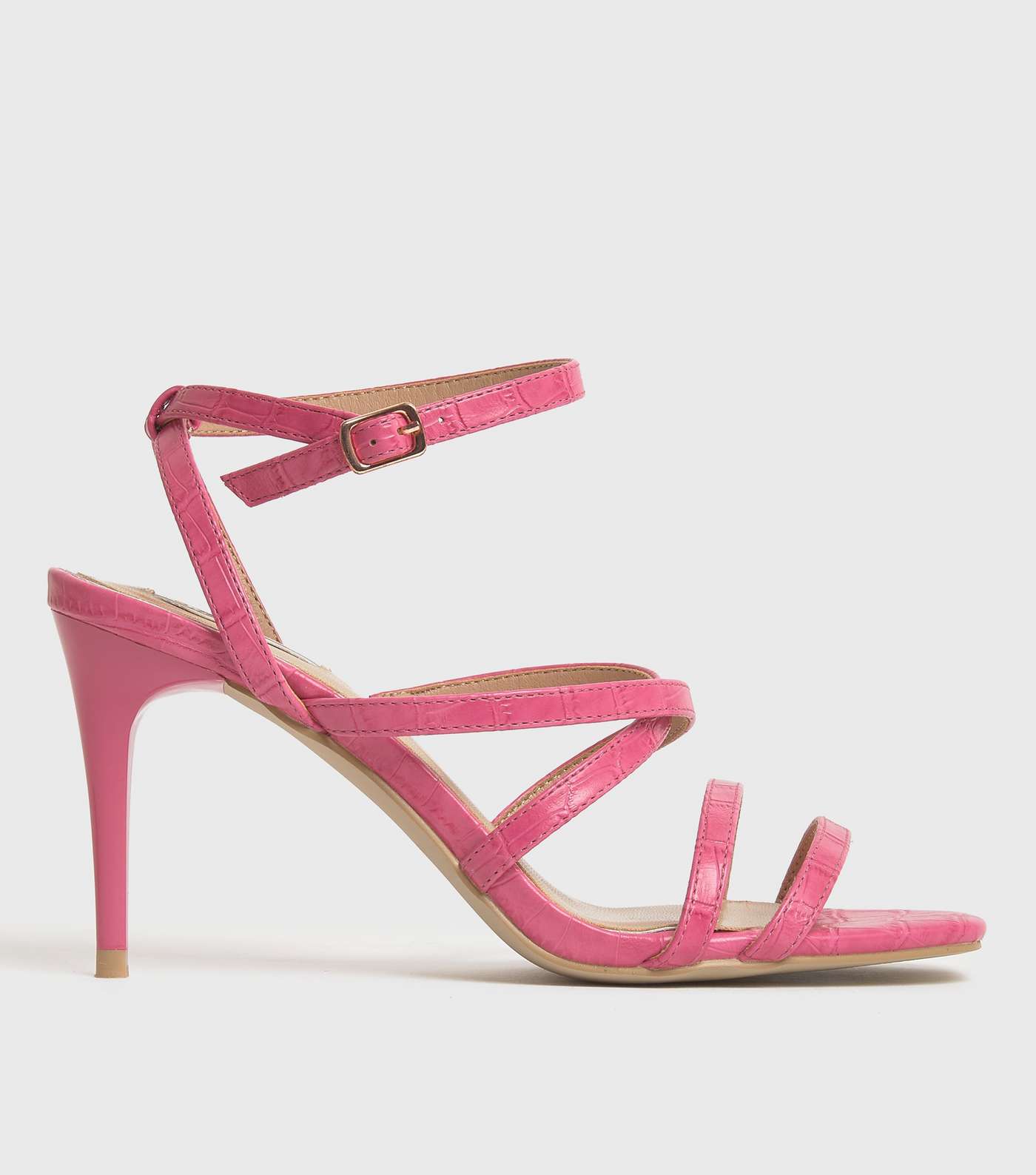 Little Mistress Bright Pink Faux Croc Strappy Stiletto Sandals Image 2