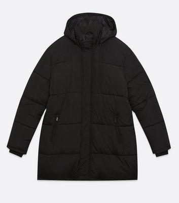 Black Zip Pocket Hooded Long Puffer 