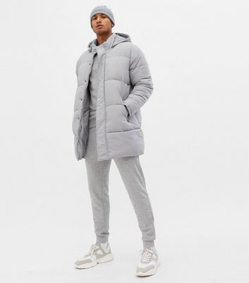 grey long hooded puffer coat