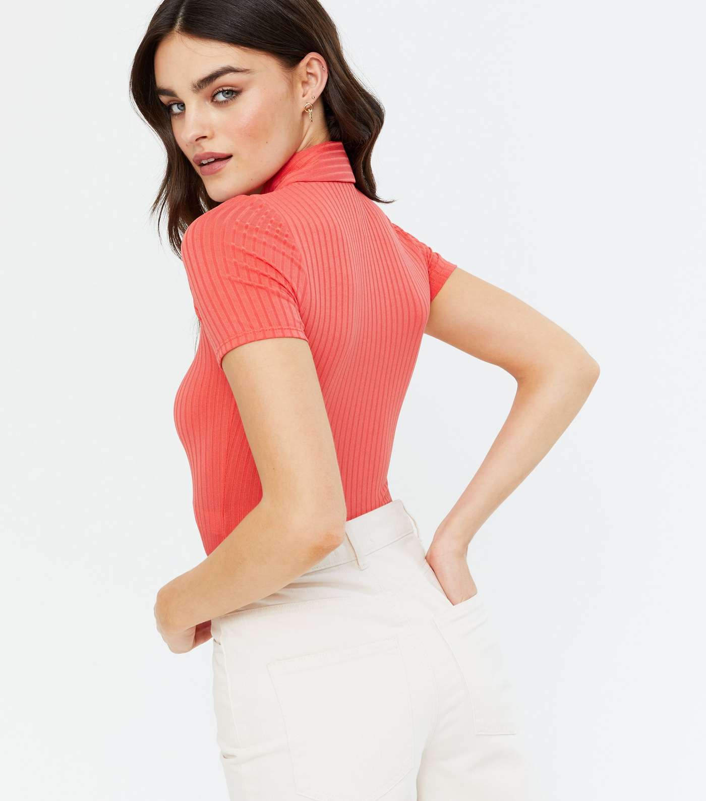 Coral Ribbed Collared Bodysuit  Image 4