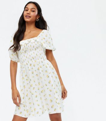 White Lemon Shirred Ruffle Mini Dress 