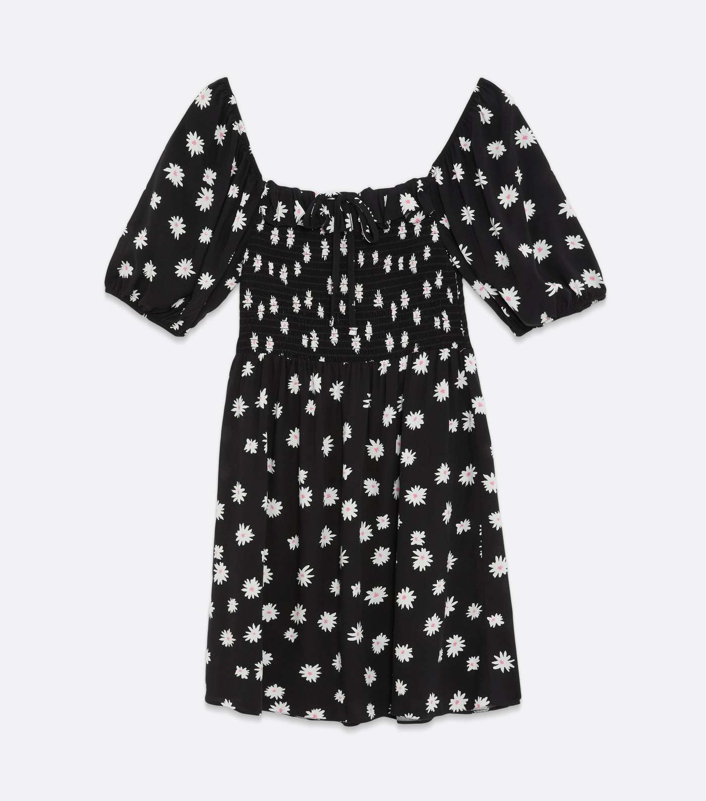Black Floral Square Neck Shirred Mini Dress Image 5