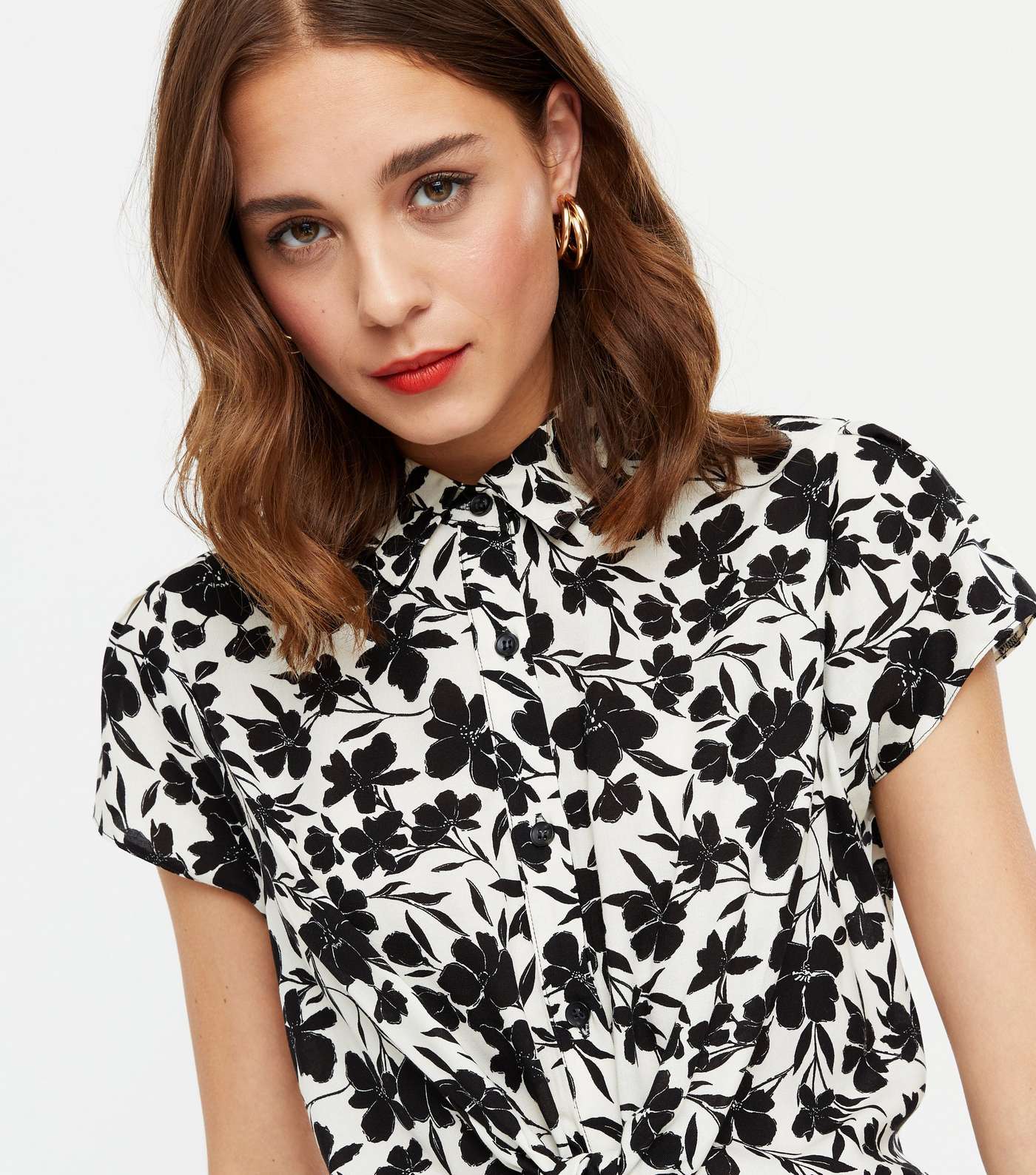 Black Floral Tie Front Mini Shirt Dress Image 3