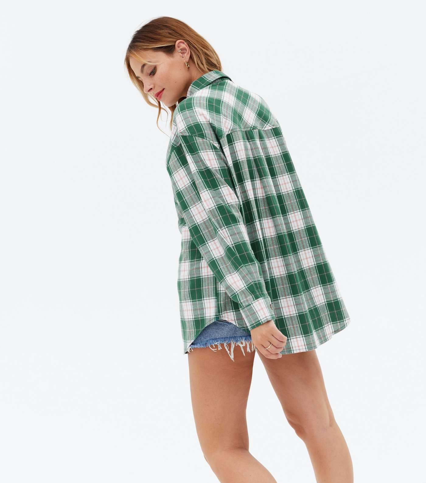 Petite Green Check Long Sleeve Oversized Shirt Image 4
