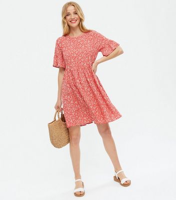 Red Ditsy Floral Mini Smock Dress | New 