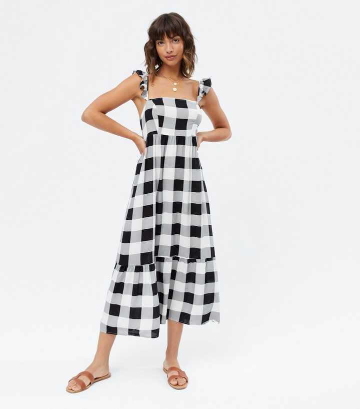 Black Check Square Neck Frill Tie Back Tiered Midi Dress