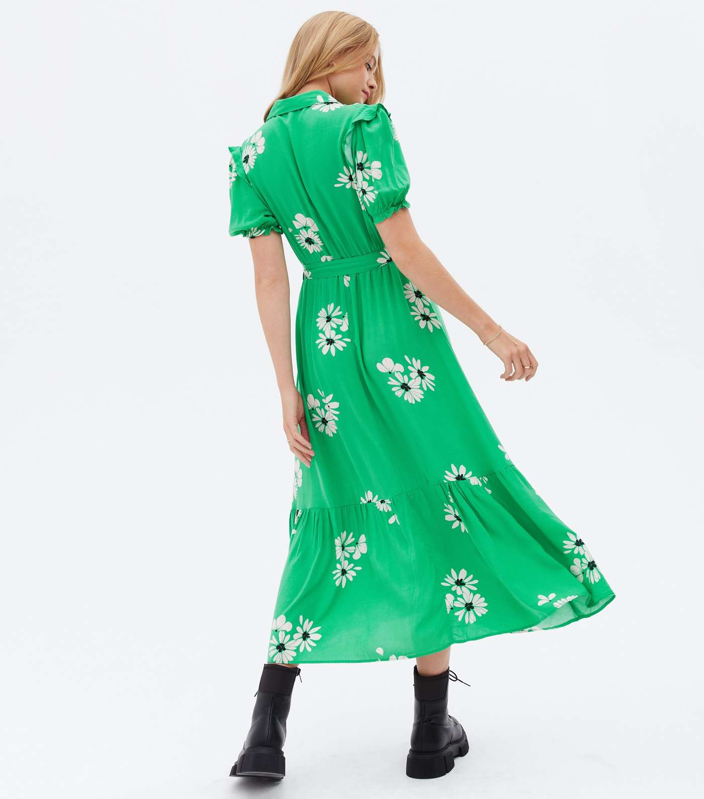 Green Floral Tiered Midi Shirt Dress Image 4
