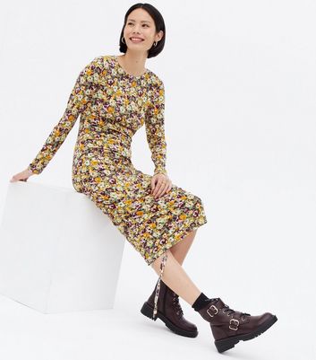 yellow long sleeve midi dress