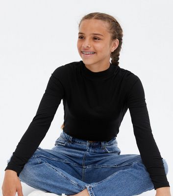 Girls Black High Neck Long Sleeve Top 