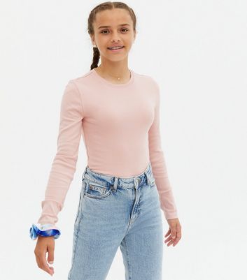 Girls Pale Pink Ribbed Long Sleeve T 