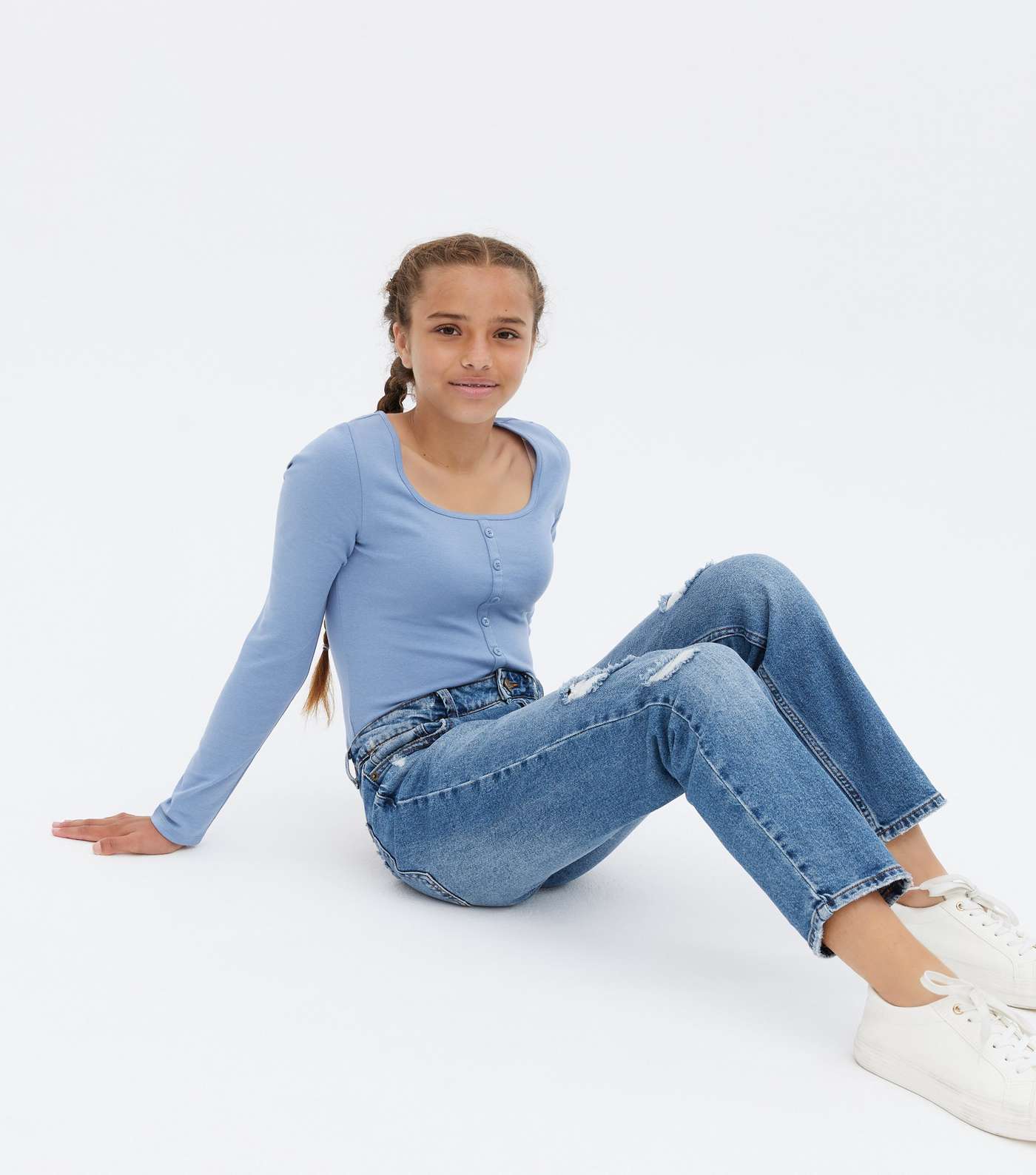 Girls Blue Scoop Neck Button Long Sleeve Top Image 2