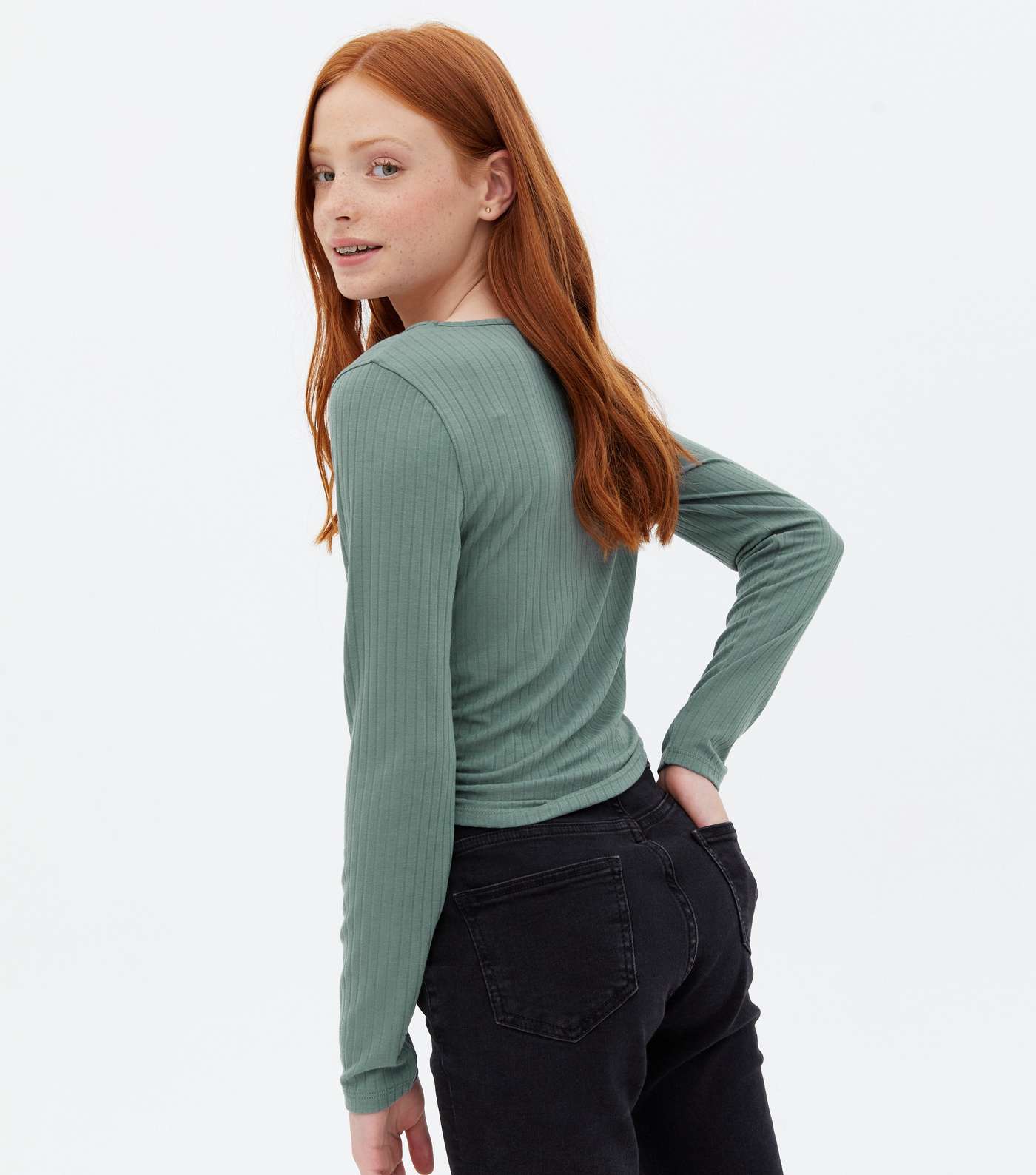 Girls Dark Green Ribbed Ruched Side Long Sleeve Top Image 4