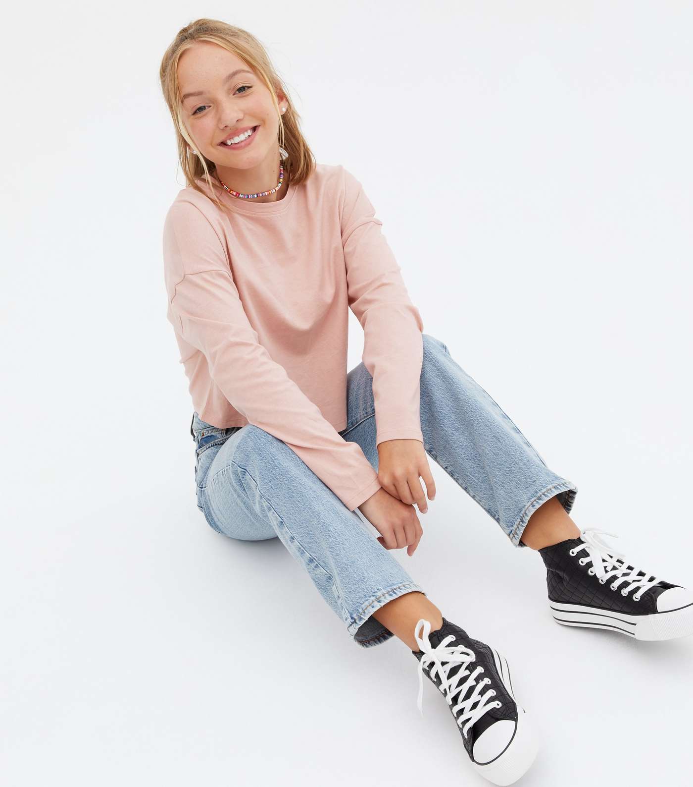 Girls Pale Pink Boxy Fit Crew Long Sleeve Top