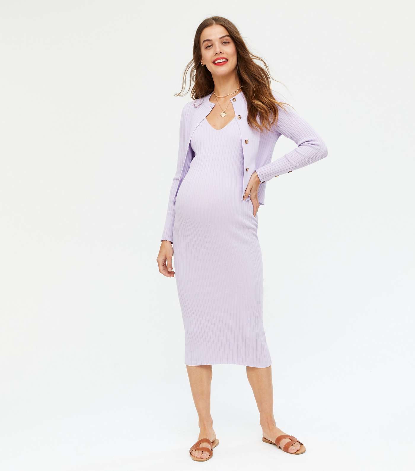 Maternity Lilac Ribbed Knit Cardigan and Midi Dress Set