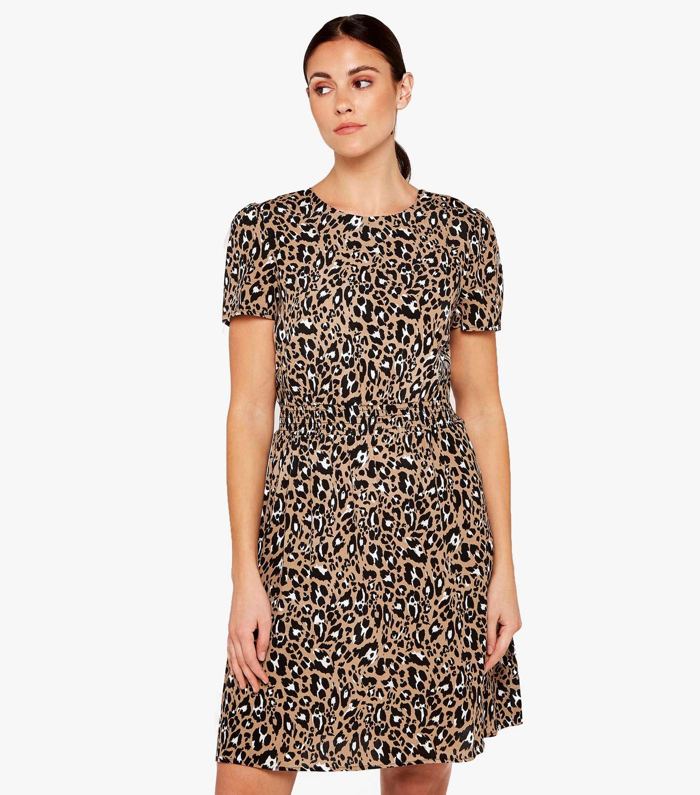 Apricot Stone Leopard Print Shirred Waist Dress
