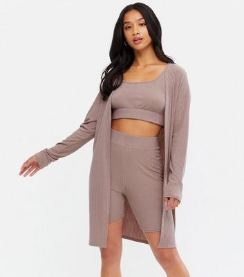 Petite Mink Ribbed Cardigan Crop Top 