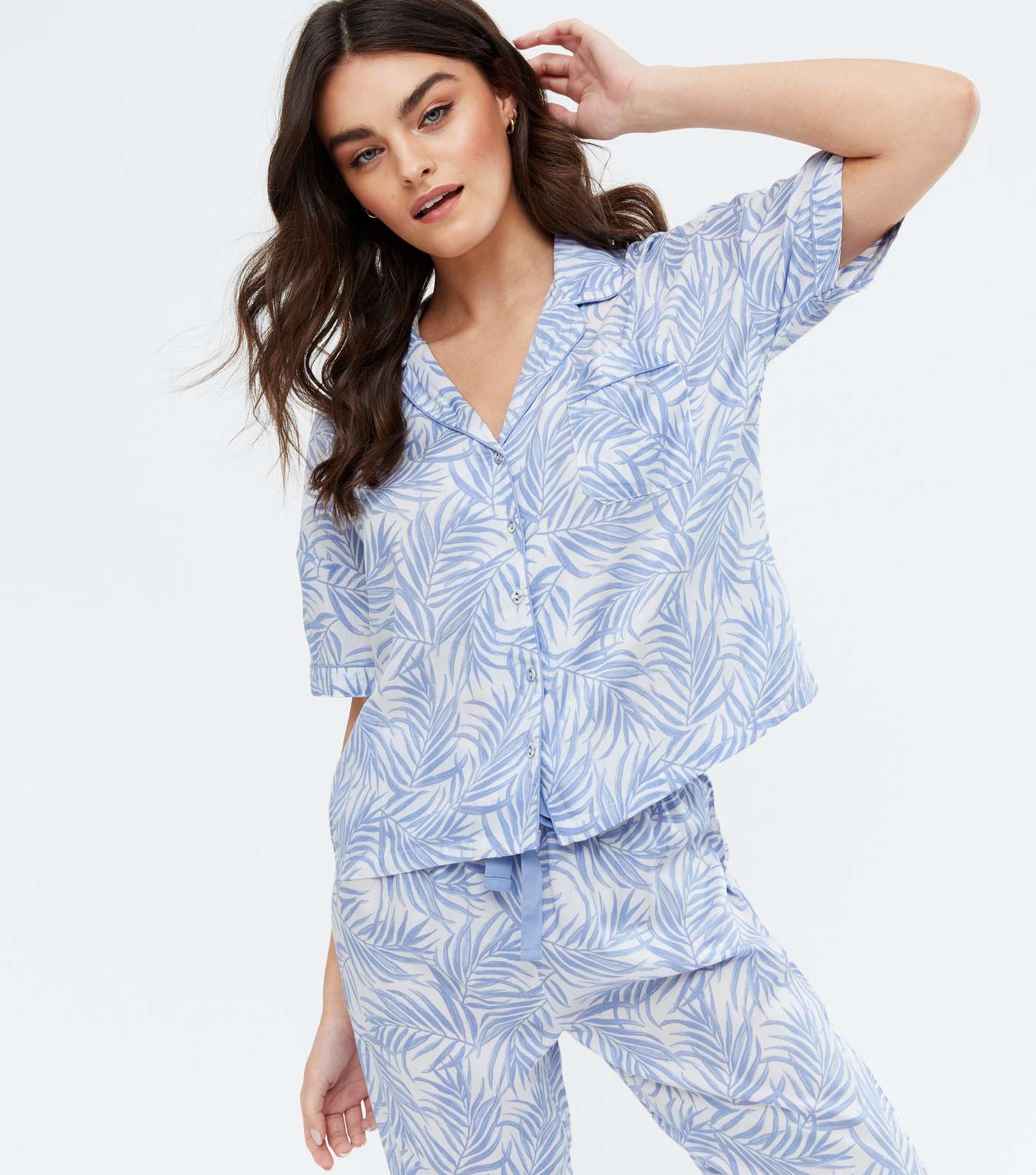 Blue Palm Print Shirt and Trouser Pyjama Set Image 2