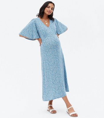 Maternity Blue Floral Flutter Sleeve Midi Dress | New Look