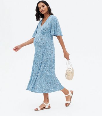 Maternity Blue Floral Flutter Sleeve Midi Dress