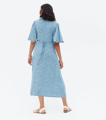 Maternity Blue Floral Flutter Sleeve Midi Dress