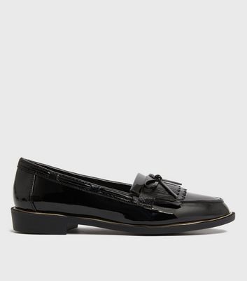 Black Patent Bow Tassel Loafers | New Look