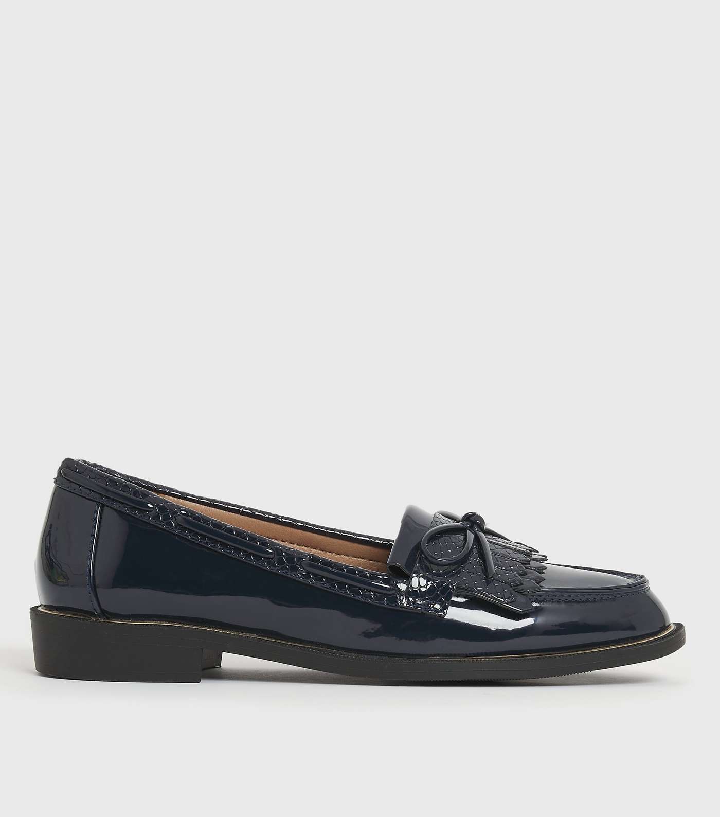 Navy Patent Bow Tassel Loafers