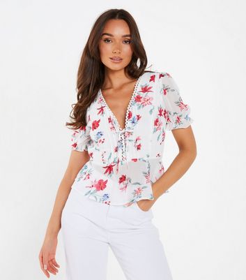 QUIZ White Floral Chiffon Tie Front Peplum Top New Look