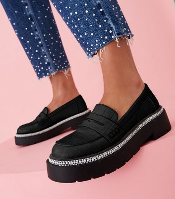 shop for Live it Up Black Faux Croc Embellished Chunky Loafers New Look Vegan at Shopo
