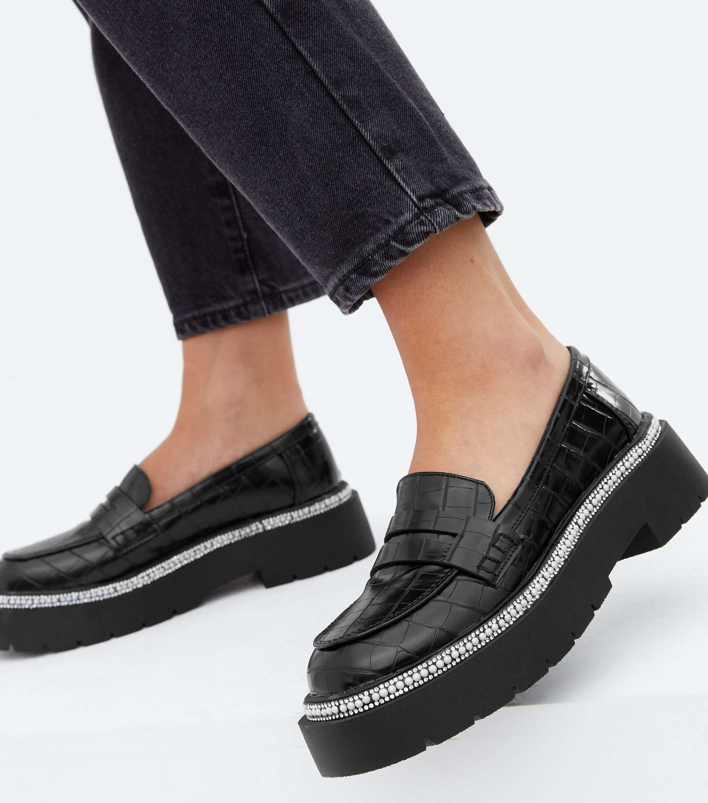 Live it Up Black Faux Croc Embellished Chunky Loafers Image 2
