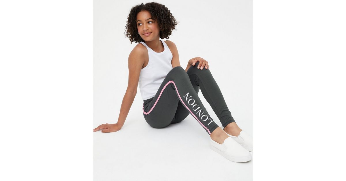 Girls Dark Grey Side Stripe London Logo Leggings