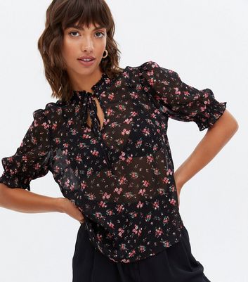 Black Ditsy Floral Chiffon Tie Neck 
