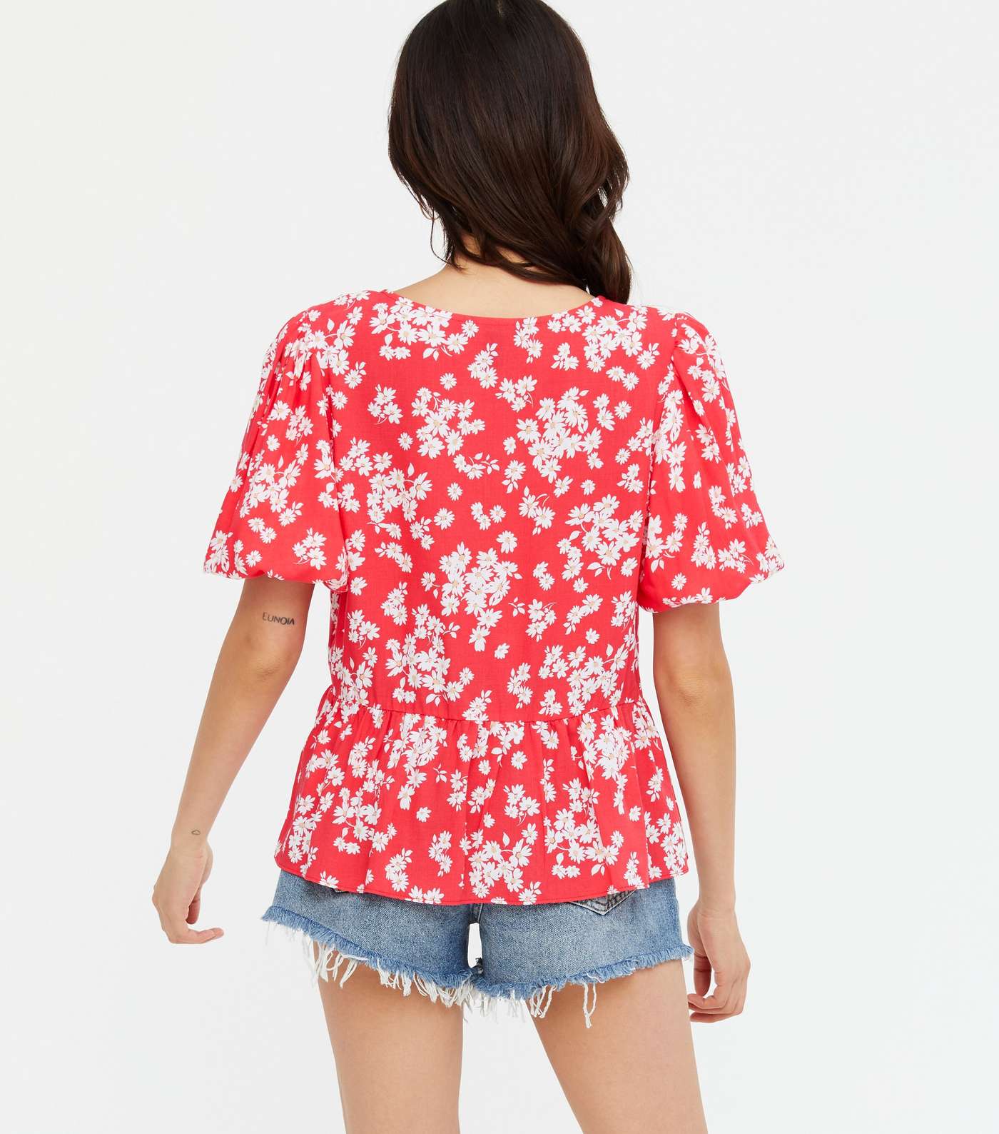 Red Ditsy Floral Tie Front Peplum Tea Blouse  Image 4