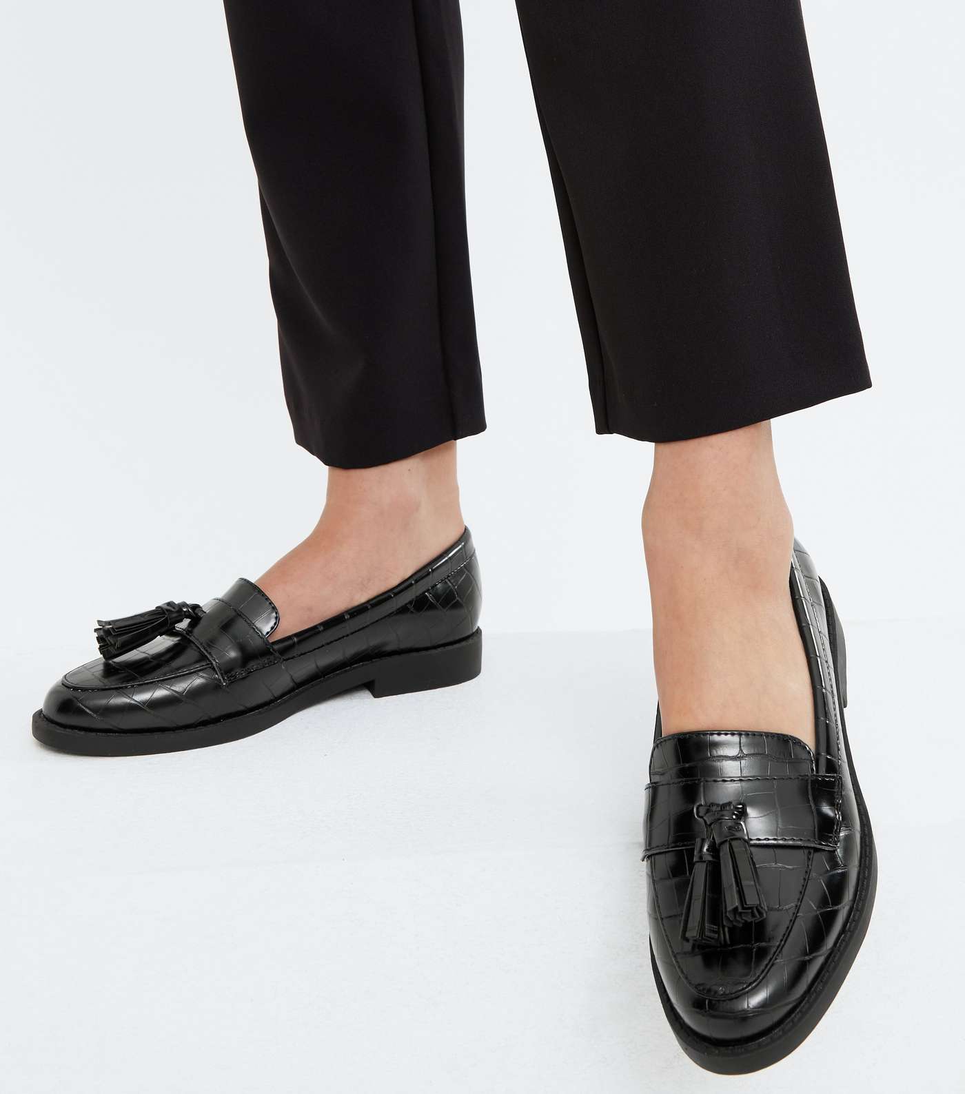 Black Faux Croc Tassel Loafers Image 2