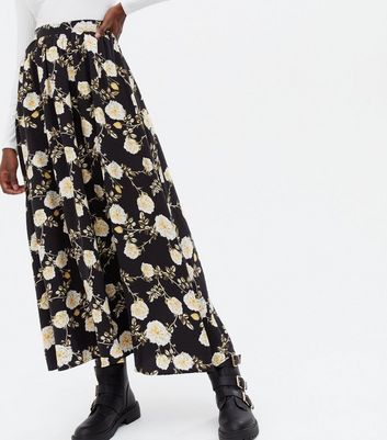 Damen Bekleidung VILA Black Floral High Waist Midi Skirt