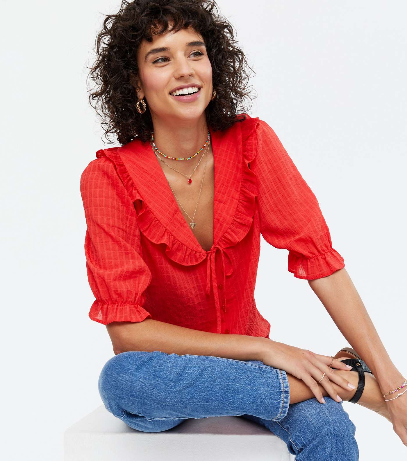 Red Ruffle Collar Button Blouse  Image 2